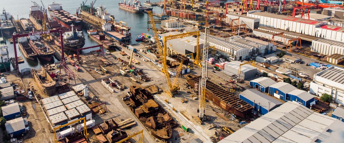 Istanbul, Turkey - February 23, 2018: Aerial Drone View of Tuzla Shipyard in Istanbul