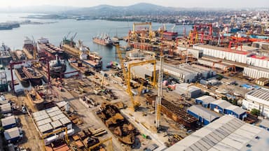 Un astillero concurrido con numerosos barcos, grúas y edificios industriales.