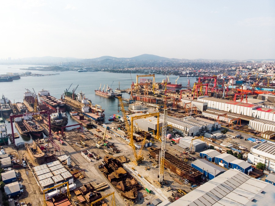 Istanbul, Turkey - February 23, 2018: Aerial Drone View of Tuzla Shipyard in Istanbul