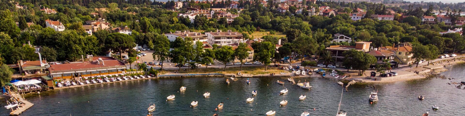 Aerial Drone View of Istanbul Tuzla Seaside with Boats