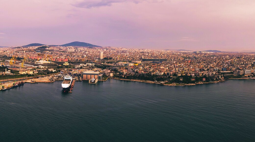 Tuzla, Istanbul, Türkiye; Tuzla district of Istanbul. Aerial view of shipyards in the Sea of Marmara. This shipyard district was founded in the 1960s and is home to around 40 shipbuilding companies.