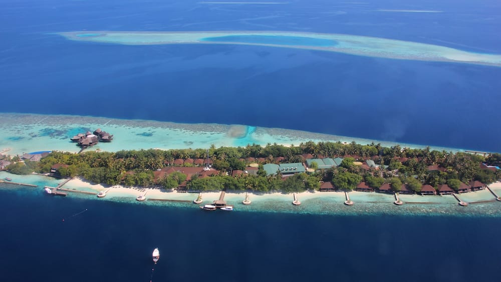 Aerial view of Lily Beach Resort at Huvahendhoo, Indian ocean, Maldives