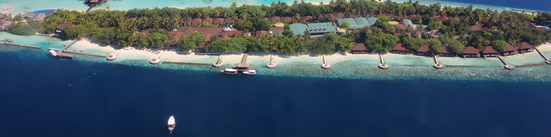 Aerial view of Lily Beach Resort at Huvahendhoo, Indian ocean, Maldives
