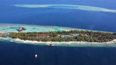 Aerial view of Lily Beach Resort at Huvahendhoo, Indian ocean, Maldives
