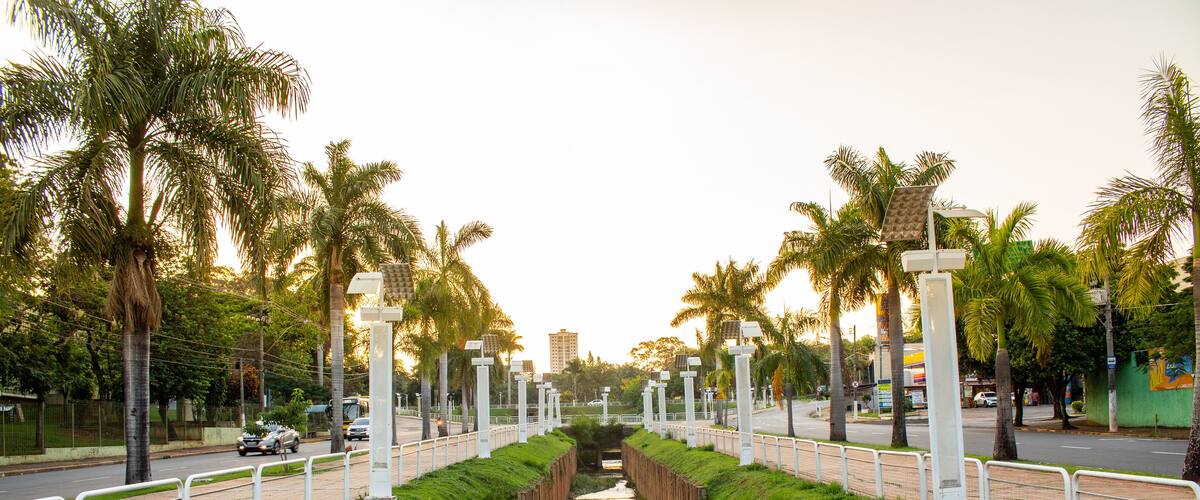 A canal with a waterfall, flanked by palm trees and a road with cars.