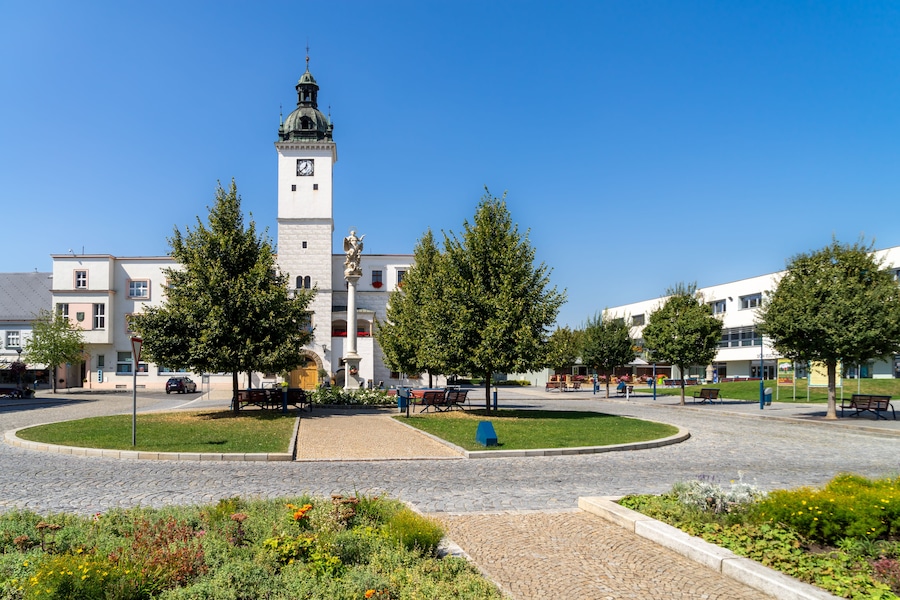 A town square with a clock tower, benches, and trees.