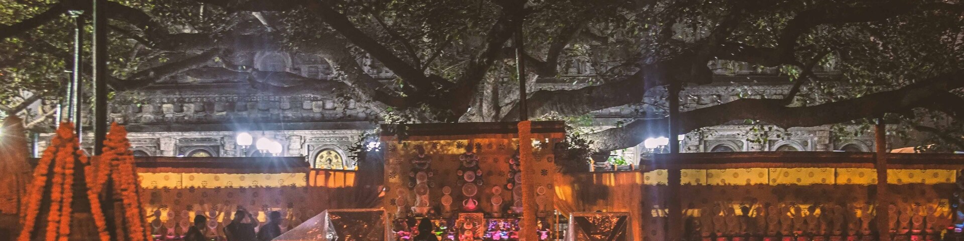 A temple with intricate carvings and a large tree in the foreground.