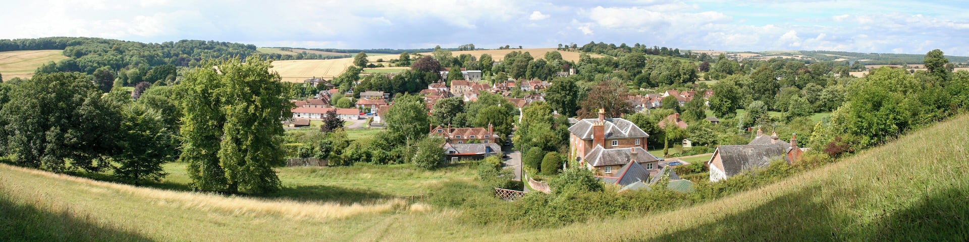 View of Hambledon, Hampshire, UK, from Speltham Hill, July 2009, taken from the Wayfarer's Walk, heading north.