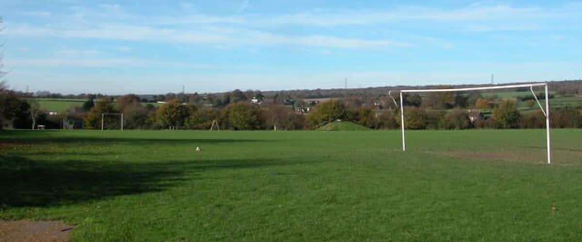 A soccer field with a goalpost, surrounded by green grass and trees under a clear sky.