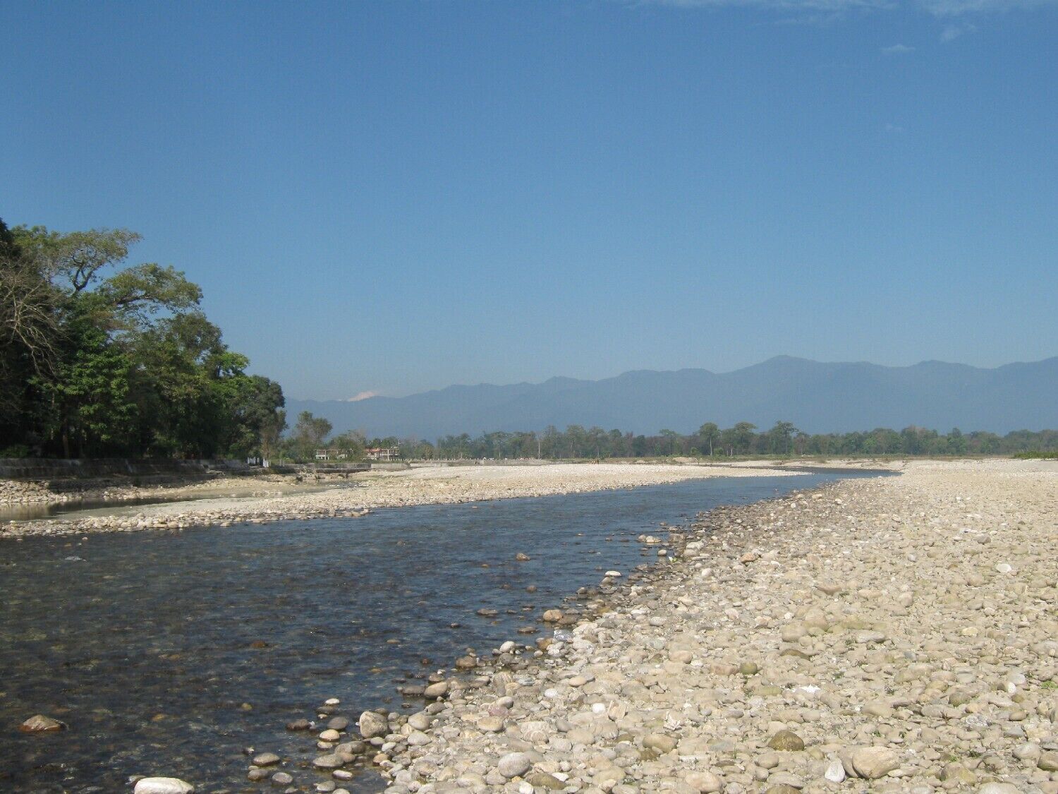 A river with a rocky bank, trees, and mountains in the background.