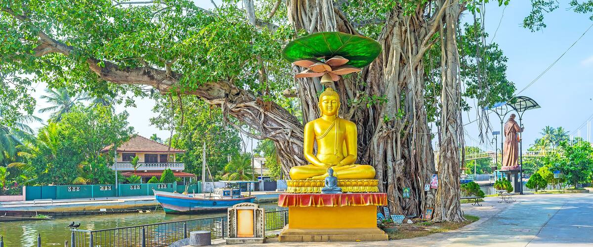 A golden Buddha statue with a green canopy, surrounded by trees and a body of water with a boat.