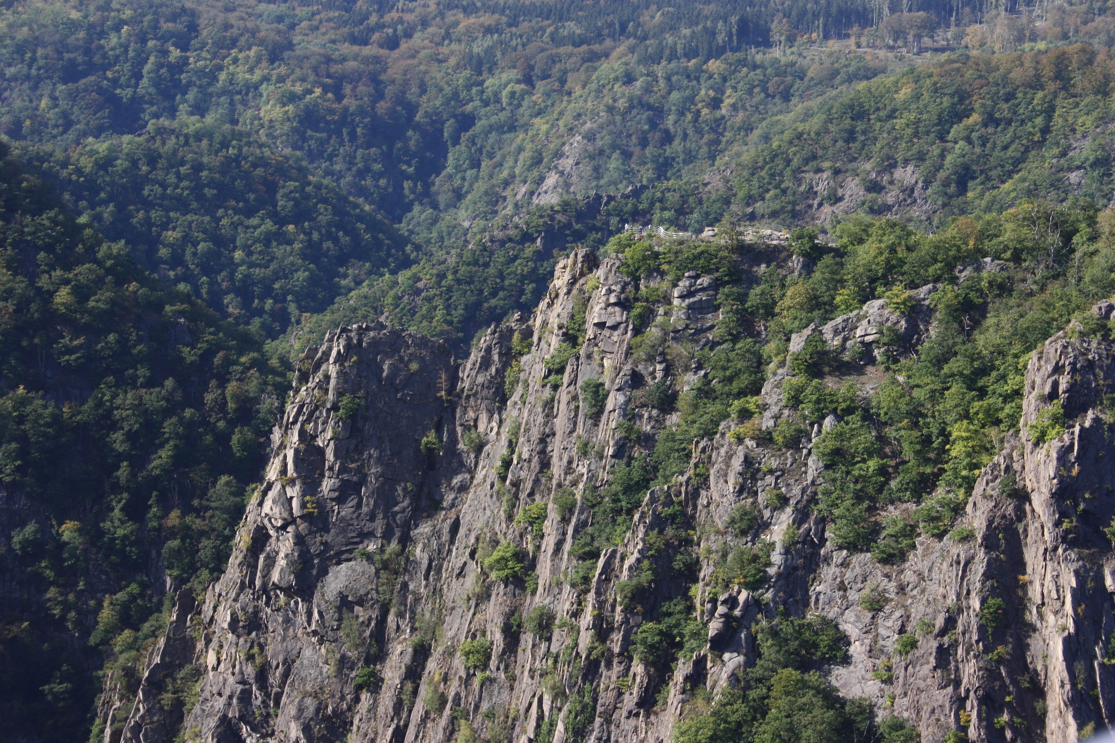 A rugged mountain with steep cliffs and dense forest.