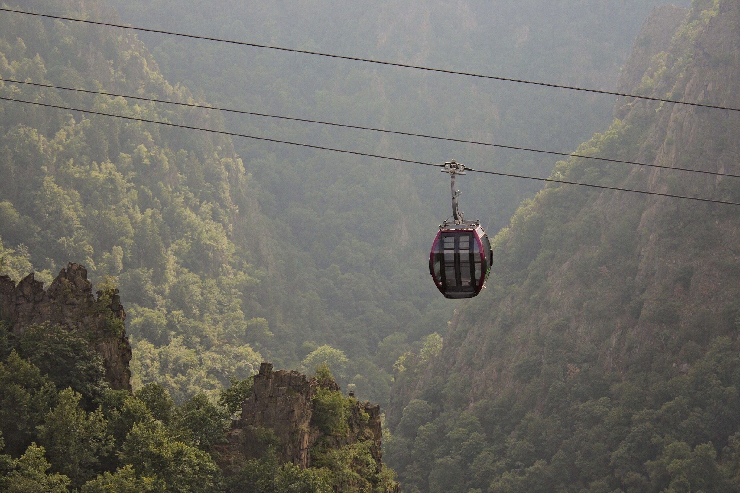 A cable car suspended over a forested valley with rocky cliffs.