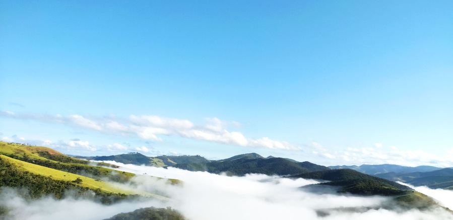 Fog in a dawn in a mountain landscape in the rural area of Itabira, Minas Gerais, Brazil.