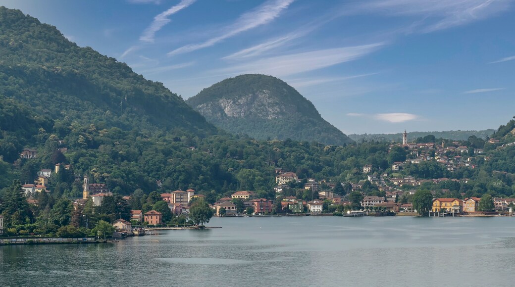 Panoramic view of Porto Ceresio, Italy and Lake Lugano from Morcote, Switzerland