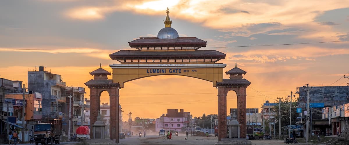 The Lumbini Gate in Nepal during sunset.
