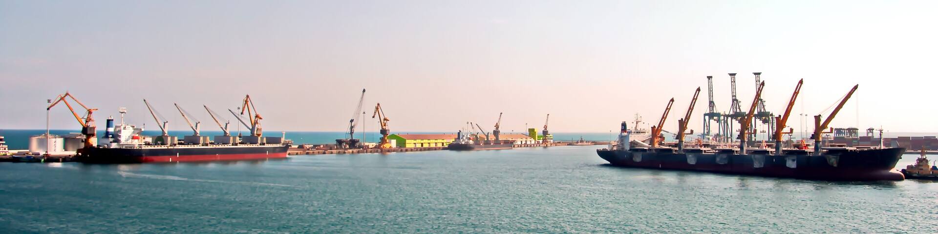 Seascape and landscape of the coastline and waters of the port of Tuticorin, India.Panoramic views of the coastline,fishing boats and ships in the port.; Shutterstock ID 1202713258; Purchase Order: SP