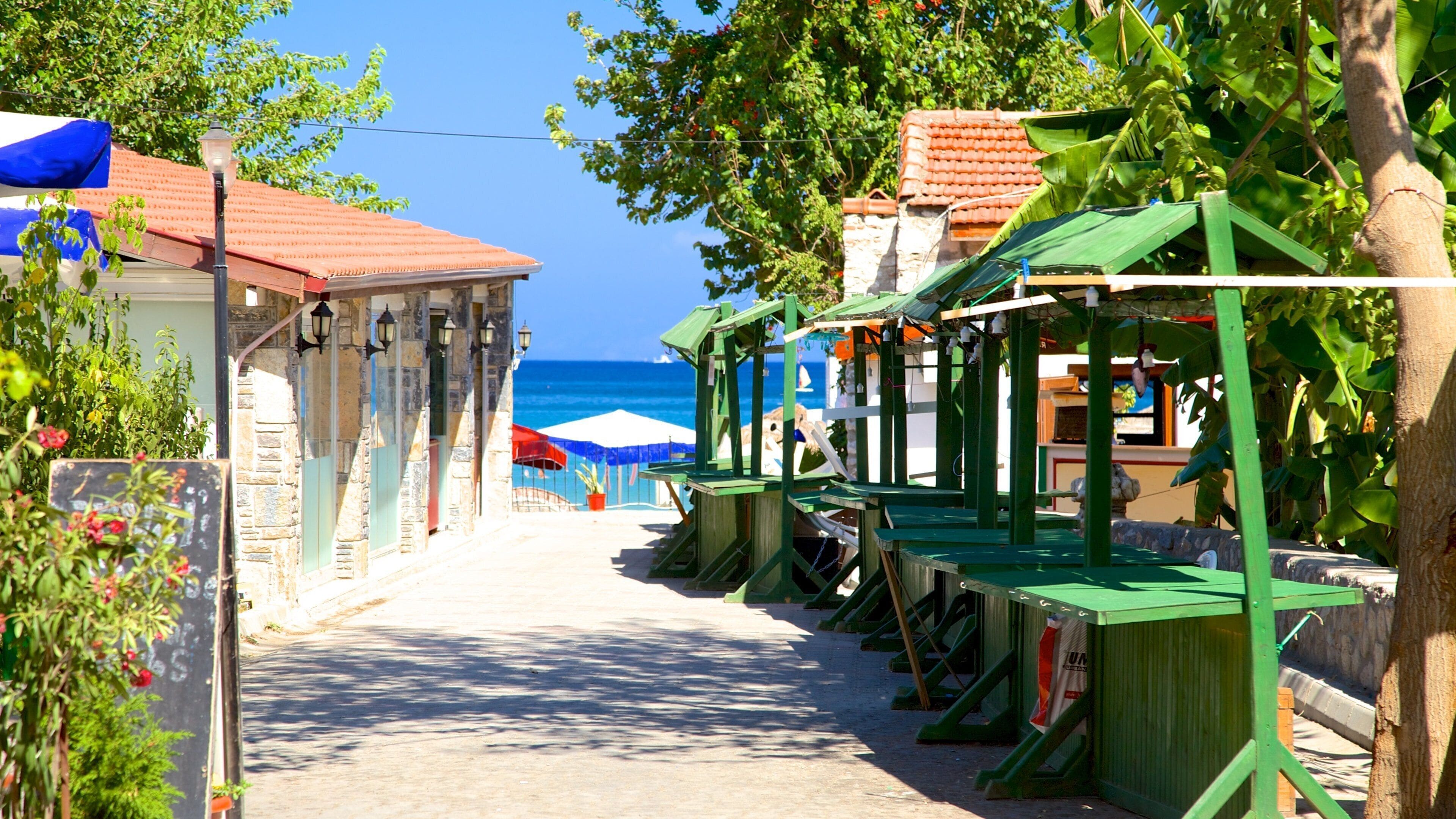 Una calle frente al mar con edificios, una sombrilla de playa y vista al océano.