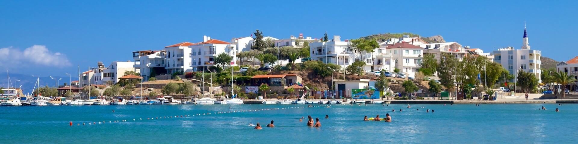 Datca Ferry Port showing a coastal town and swimming
