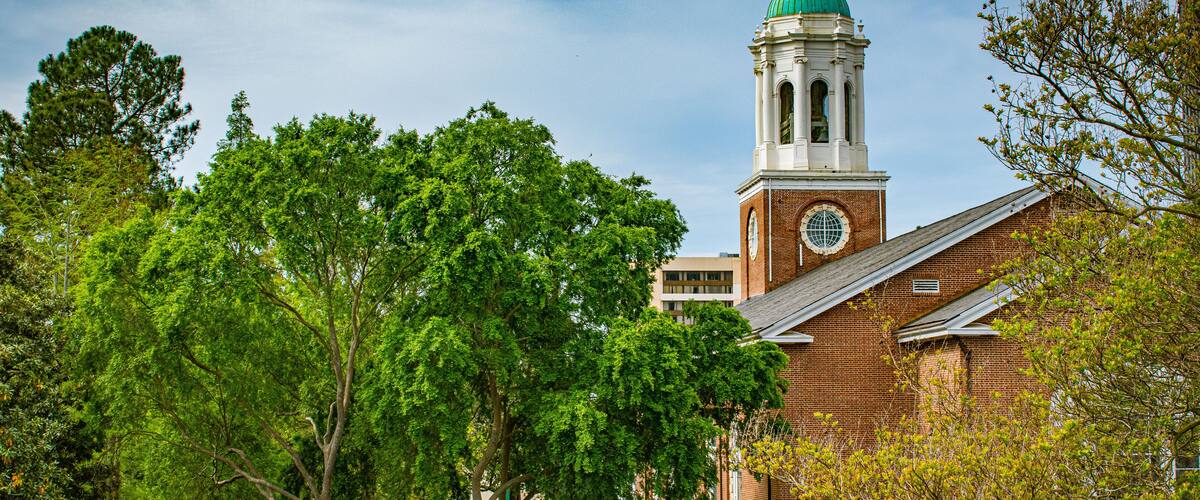 A historic building with a clock tower and a green dome, surrounded by lush green trees and a well-maintained lawn.