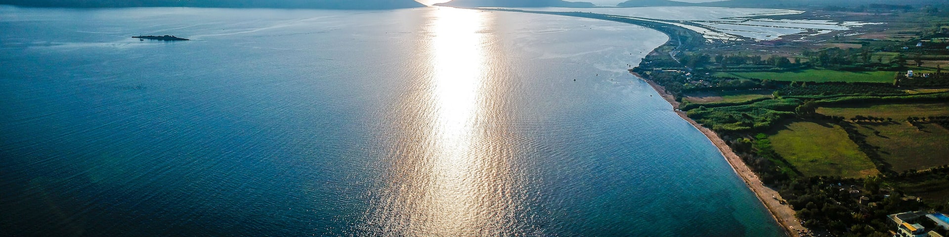 Beautiful aerial sunset view over Navarino bay near Gialova in Messenia, Greece