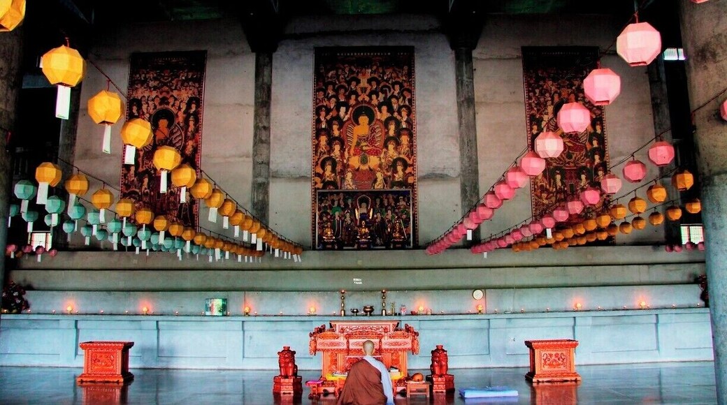 A lone monk praying in the Korean Temple in Lumbini, the two upper floors are a monastery, much like the other international temples in the area.
