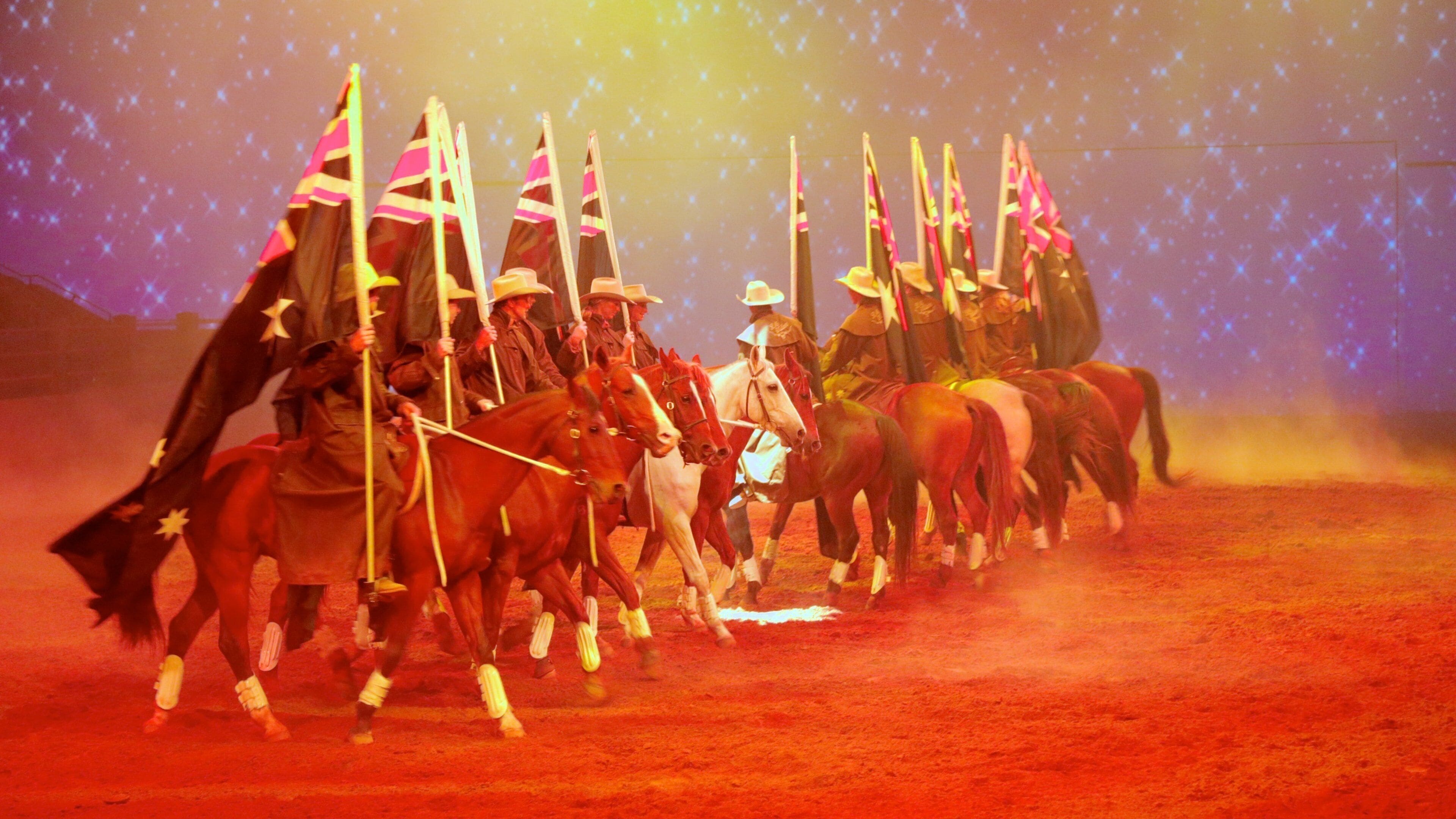 Australian Outback Spectacular welches beinhaltet Innenansichten, Reiten und Landtiere