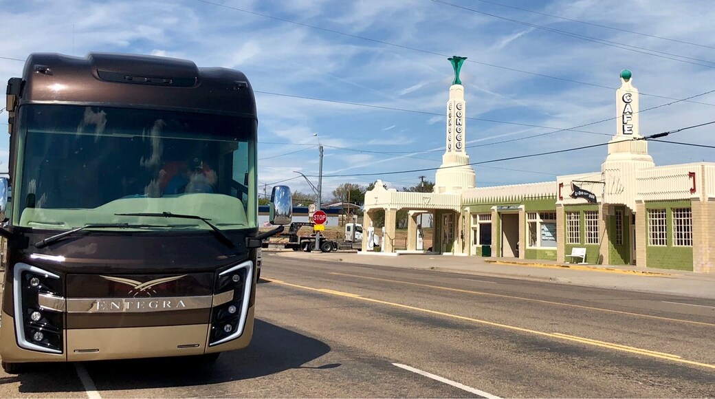 We’ve exited I-40 in East Texas to check out a Route 66 landmark. The U-Drop Inn Cafe and Conoco Tower Gas Station were built in 1936 and quickly became a hot spot for travelers. It was restored in 2004 and now operates as a museum and the Chamber of Commerce for the town of Shamrock.