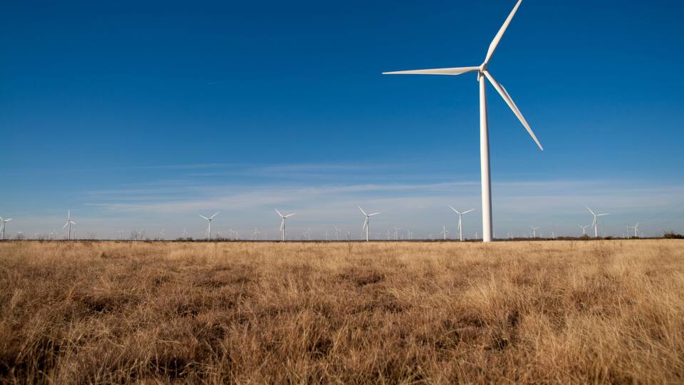 Wind turbines at the Sweetwater wind farm, one of the largest windfarms in Texas.
