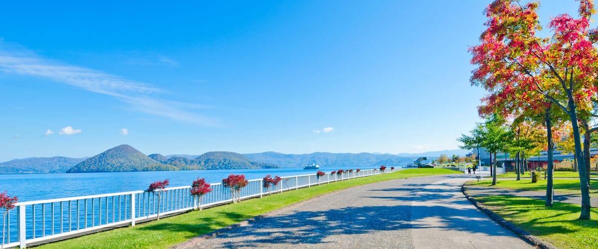 Scenery of Lake Toya and Mt. Yotei at Toyako onsen in Hokkaido, Japan.