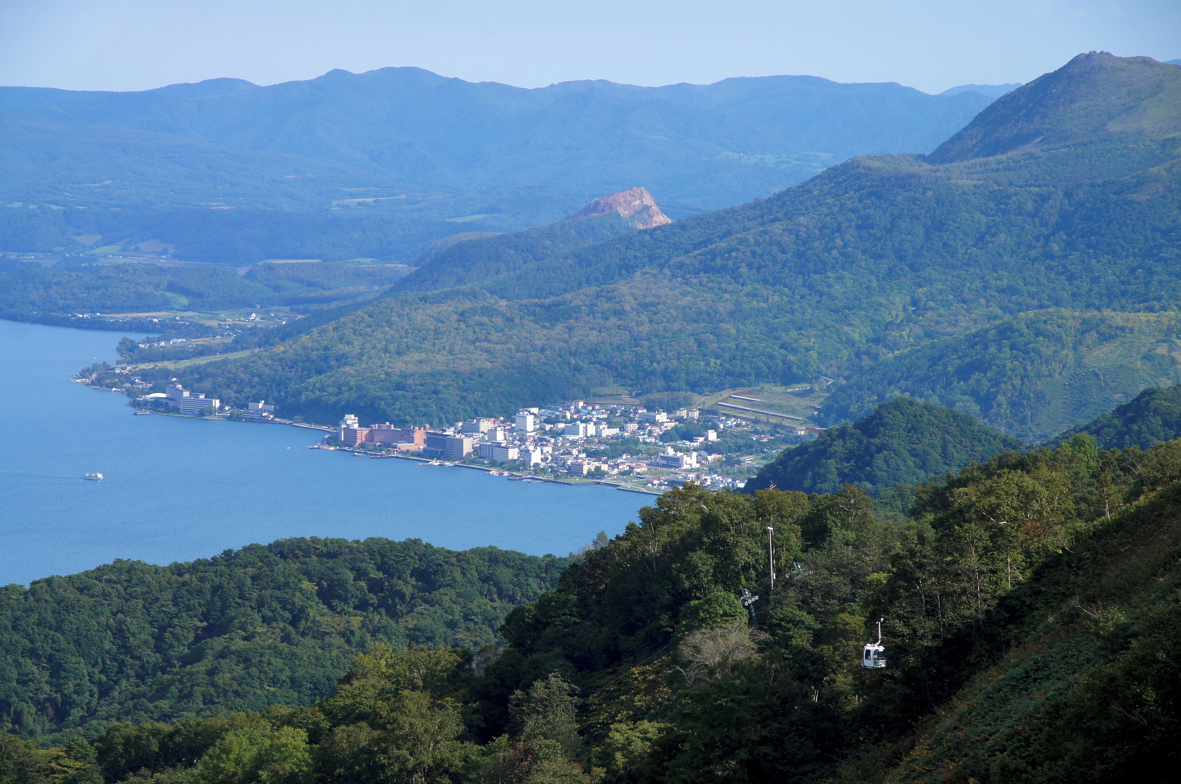 Lake Tōya and Shōwa-shinzan view from The Windsor Hotel Toya Resort & Spa in Toyako, Hokkaido prefecture, Japan.