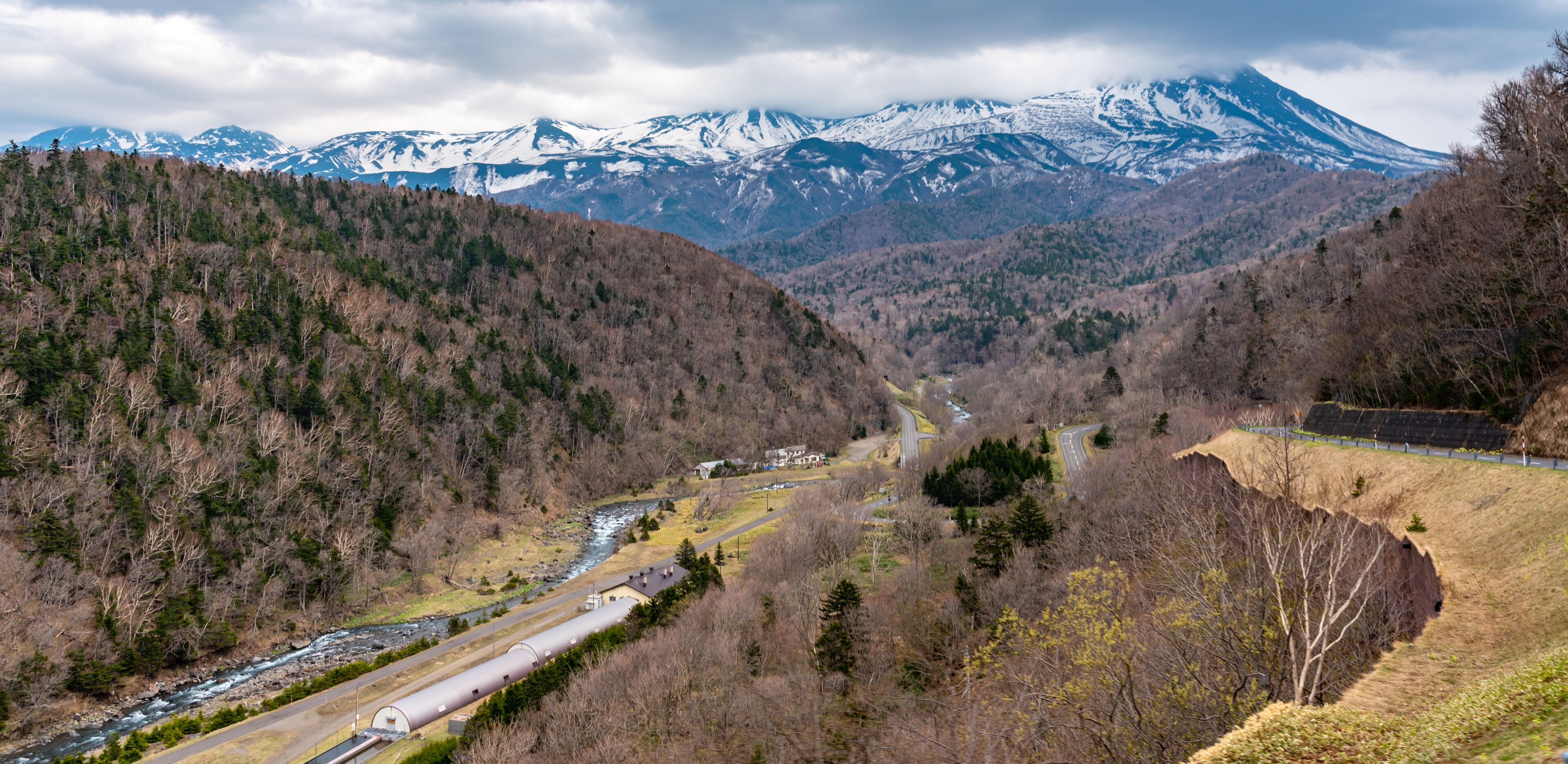 Iwaobetsu Onsen hot spring area in springtime. Town Shari, Shiretoko Peninsula, Hokkaido, Japan
