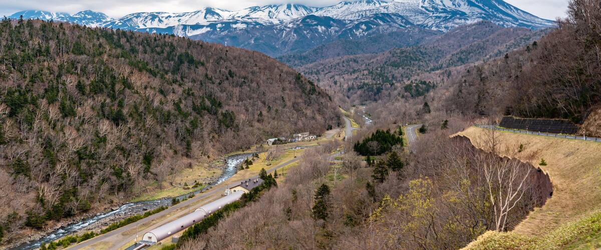 Iwaobetsu Onsen hot spring area in springtime. Town Shari, Shiretoko Peninsula, Hokkaido, Japan