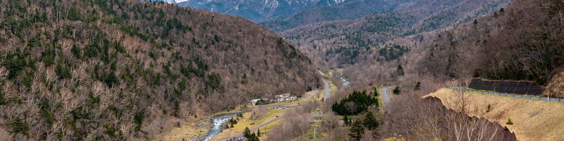 Iwaobetsu Onsen hot spring area in springtime. Town Shari, Shiretoko Peninsula, Hokkaido, Japan