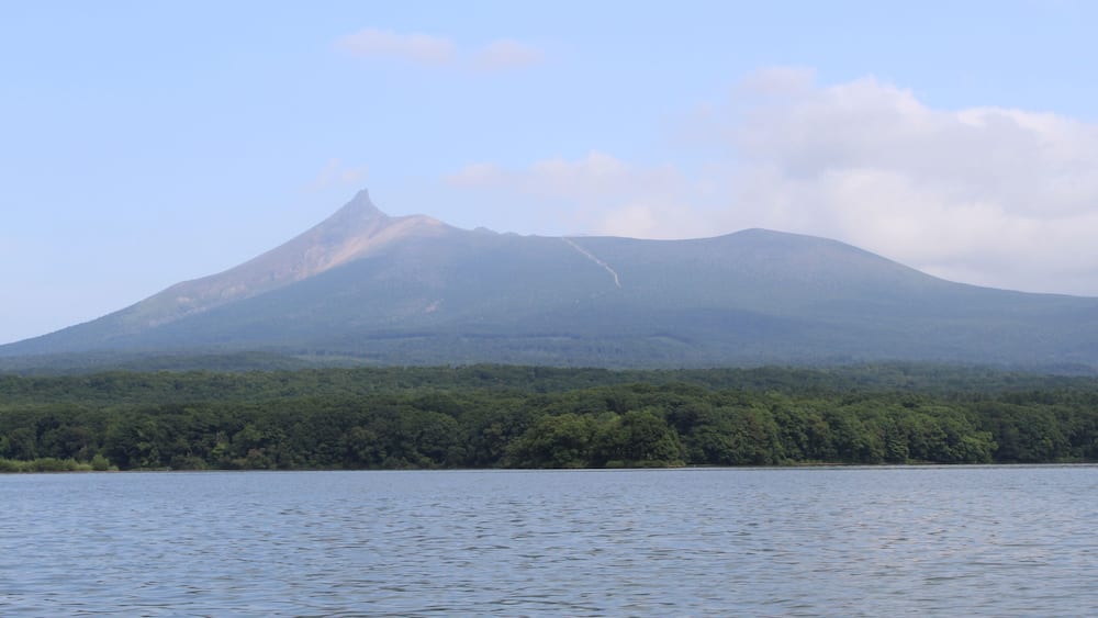A mountain with a forested area in the foreground and a body of water in the foreground.