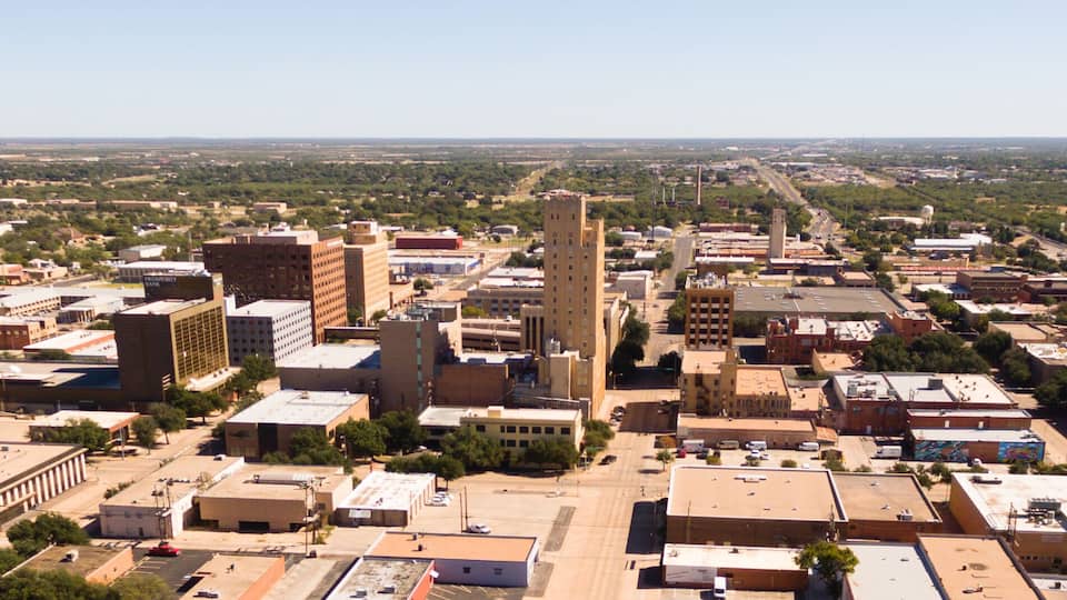 Sunday Morning Over Empty Street lubbock Texas Downtown Skyline Aerial