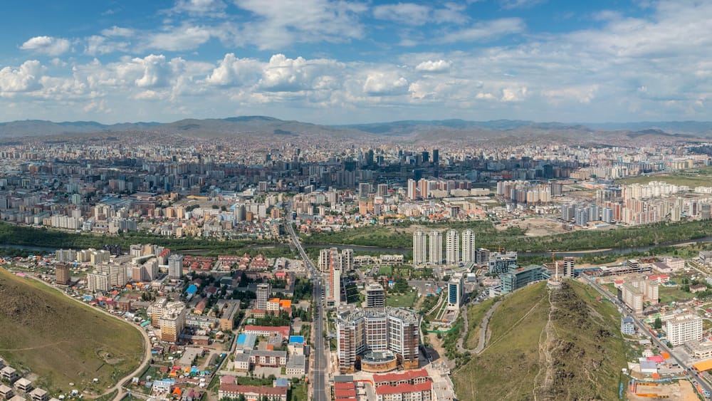 Aerial panorama view of Ulaanbaatar city and Memorial on Zaisan Tolgoi, Mongolia