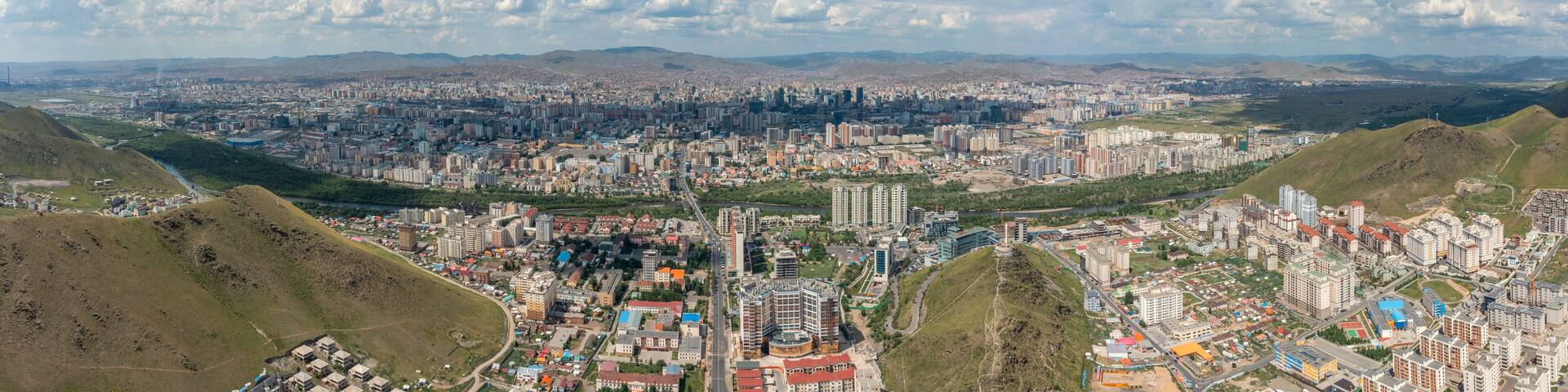 Aerial panorama view of Ulaanbaatar city and Memorial on Zaisan Tolgoi, Mongolia