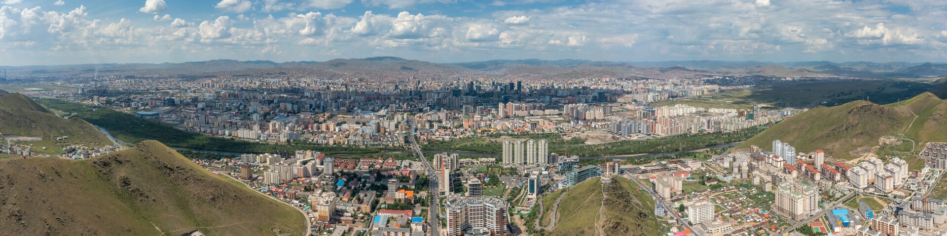 Aerial panorama view of Ulaanbaatar city and Memorial on Zaisan Tolgoi, Mongolia