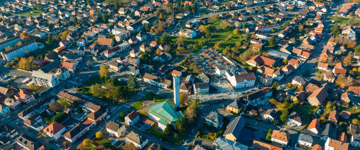 Aerial view of residential area Kingersheim, Mulhouse, Alsace, France.