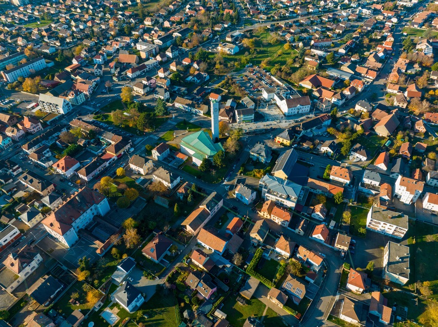 Aerial view of residential area Kingersheim, Mulhouse, Alsace, France.