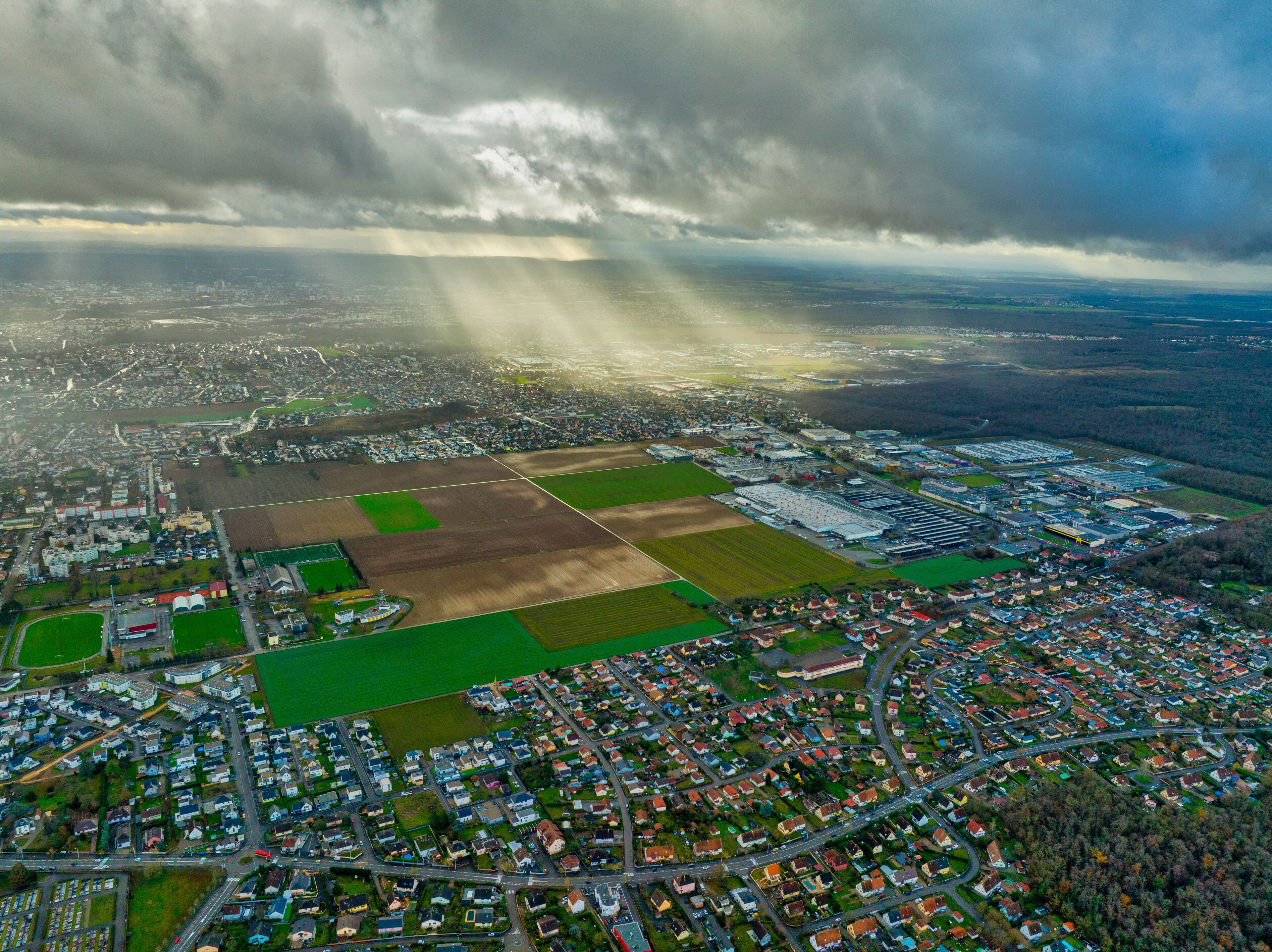 Aerial view of residential area Kingersheim, Mulhouse, Alsace, France.