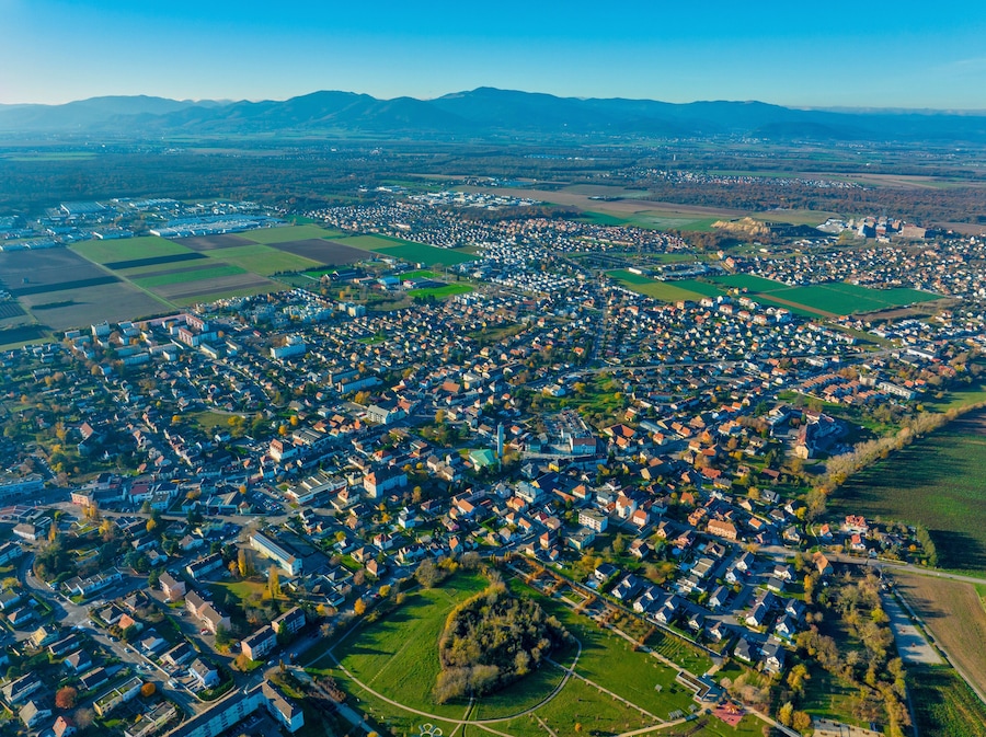 Aerial view of residential area Kingersheim, Mulhouse, Alsace, France.