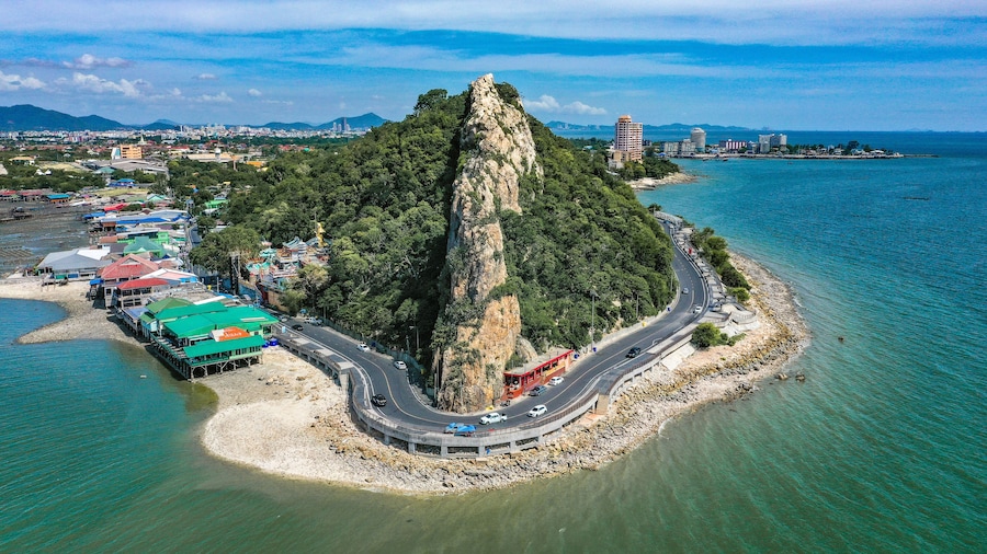 Aerial view of Bang Saen Kao Sam Muk hill viewpoint, near Pattaya, Chonburi, Thailand