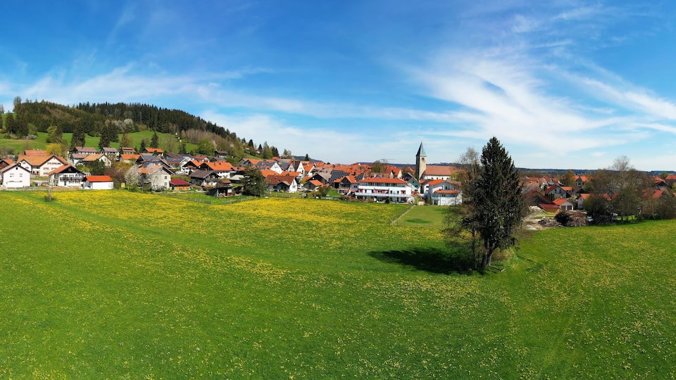 A rural village with houses, green fields, and a hill in the background.