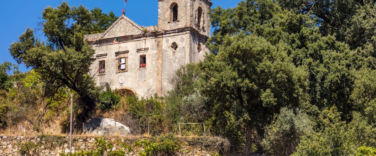 An old stone church with a bell tower surrounded by dense trees.