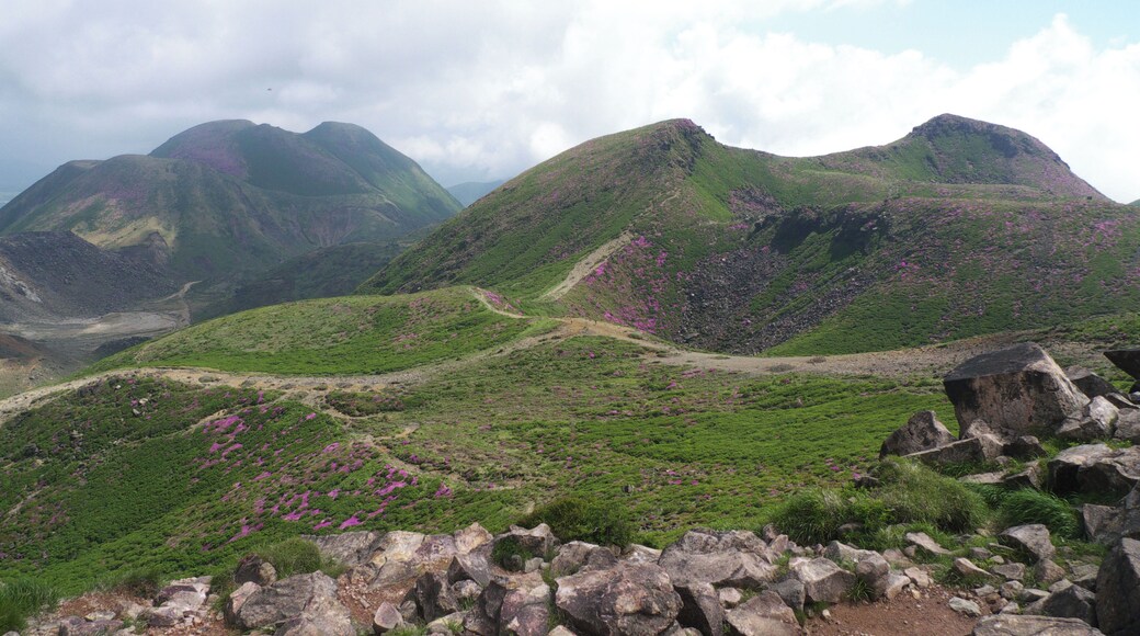 View of Mounts Naka and Mimata in the Kuju Mountains, Oita Prefecture, Japan, as seen from the top of Mount Kuju
