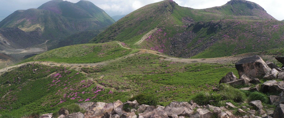 View of Mounts Naka and Mimata in the Kuju Mountains, Oita Prefecture, Japan, as seen from the top of Mount Kuju