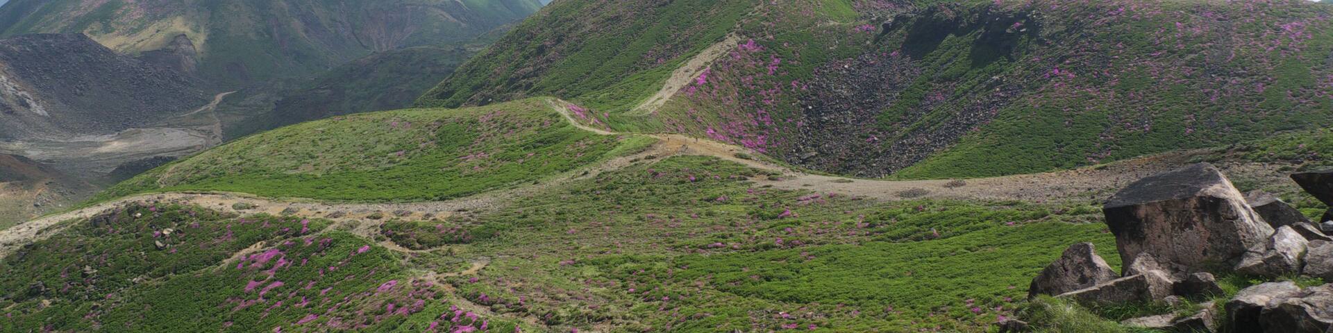 View of Mounts Naka and Mimata in the Kuju Mountains, Oita Prefecture, Japan, as seen from the top of Mount Kuju