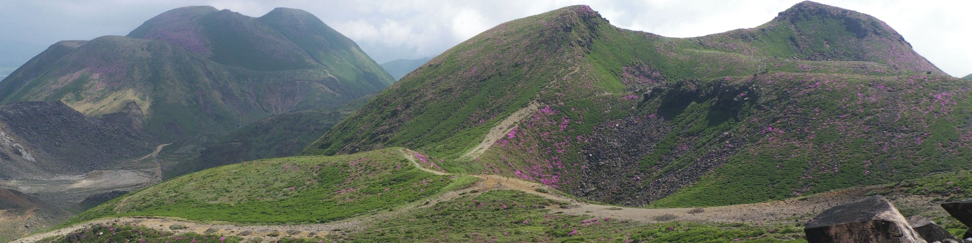 View of Mounts Naka and Mimata in the Kuju Mountains, Oita Prefecture, Japan, as seen from the top of Mount Kuju